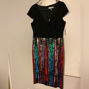 NWT Dress the Population Black and Multicolor Sequin Midi Dress
